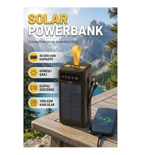 Güneş Panelli Dijital Göstergeli Taşınabilir Powerbank LED Aydınlatmalı