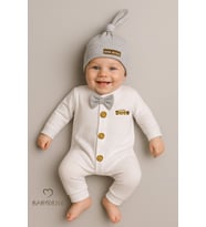 BABYDEN'S Minik Patron Erkek Bebek Düğmeli Tulum ve Bere Seti – Papyonlu,Manşetli Paça, %100 Pamuk Bebek Tulum (Gri)