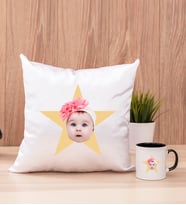 Kişiye Özel Pembe Yıldız Kafa Fotoğraflı Kare Yastık ve Siyah Kupa