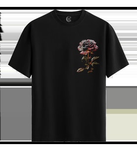 Rose Sketch - %100 Pamuklu Kadın Siyah Tişört - Premium Quality (Siyah - Beyaz)