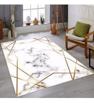 Beyaz Zemin Gold Çerçeveli Yıkanabilir Kaymaz Taban Leke Tutmaz Modern Salon Halısı ve Yolluk