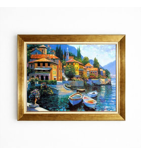 Tablore İtalyan Kasabası Deniz Ve Sandallar Yağlı Boya Görünümlü Çerçeveli Tablo