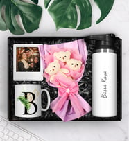 Kişiye Özel 500 ML Çelik Termos & Üçlü Peluş Ayıcık Buketi & Kişiye Özel Kupa & Fotoğraf Çerçevesi Hediye Seti