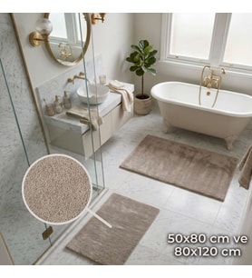 Queen Ultra Soft 2’li Paspas Seti  Bej (50x80 + 80x120 cm) Banyo, Mutfak ve Antre için Çok Amaçlı Kullanım