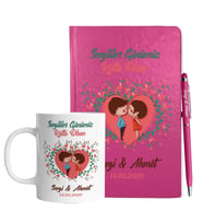 Sevgililer Gününe Özel Pembe Defter Kalem & Kupa Hediye Seti 4