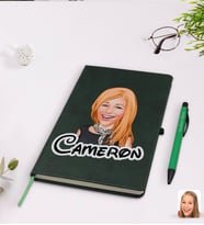 BK Gift Kişiye Özel Kadın Karikatürlü Yeşil Termo Deri Defter Kalem Seti Model 75