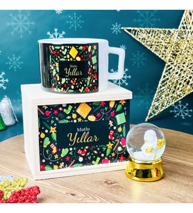 Mutlu Yıllar Tasarımlı Kutulu Kupa Altınaldızlı Melek Mini Kar Küresi Set