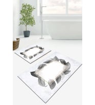 Gri Yaprak Temalı Banyo Halısı Klozet 2'li Paspas Seti BS050