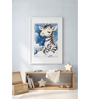 Bulutlarda Zebra Minimalist Çocuk Odası 1. Kalite Ahşap Çerçeveli Tablo
