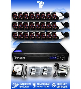 PICAM 24 Kameralı Panda 24 Dış Kamera Set 500 GB HDD Full HD Gece Görüşlü Güvenlik Kamerası Sistemi
