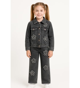 Kız Çocuk Çiçek Desenli Jean Pantolon (Siyah)