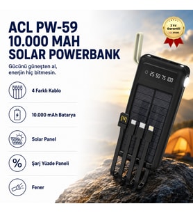 10.000mAh Dijital Göstergeli Taşınabilir 22.5W Hızlı Şarjlı Dahili Kablolu Solar Panelli Powerbank Kamp Uyumlu Asma Aparatlı Powerbank