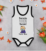 BK Kids Kişiye Özel Burada Patron Benim Siyah Biyeli Askılı Sıfır Kol Bebek Body Zıbın, Yeni Doğan Bebek Hediyesi