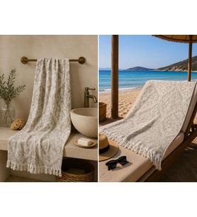 Ege Esintisi Saray Jakarlı Çift Yüzlü Peştemal - Bej - %100 Pamuk 100x180 cm Plaj, Havuz ve Hamam Peştemali