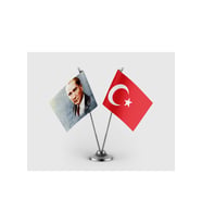 Atatürk Imzalı Bayrağı Türk Bayrağı İkili Saten Masa Bayrağı Takımı