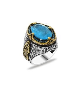Vog -  Aqua Paraiba Taşlı 925 Ayar Erkek Gümüş Yüzük