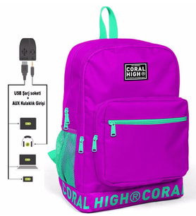 Coral High Logo Nakışlı Mor-Yeşil Ortaokul, Lise ve Günlük Sırt Çantası(USB VE AUX SOKETLİ)