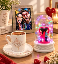 Kişiye Özel Fotoğraflı Hayat Ağacı Porselen Kahve Fincanı ve Renkli LED Işıklı Sırt Sırta Fanus