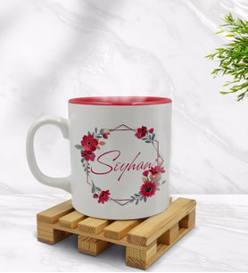 BK Gift Kişiye Özel Çiçek Tasarımlı İçi Kırmızı Renkli Kupa Bardak Model 27
