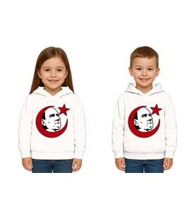 Unisex Ay Yıldızlı 19 Mayıs 29 Ekim 23 Nisan 10 Kasım Atatürk Çocuk Kapüşonlu Sweatshirt (Beyaz)