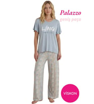 Seamlife Kadın Düğmesiz Geniş Yaka Viskon Kısa Kol Palazzo Pijama Takımı-Oversize Üst Geniş Paça Alt Homewear (Mavi)
