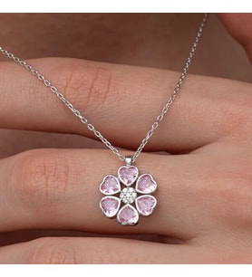 Pembe Zirkon Taşlı Çiçek 925 Ayar Gümüş Kadın Kolye
