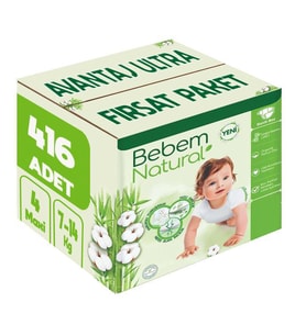 Bebem Bebek Bezi Natural Beden:4 (7-14KG) Maxi 416 Adet Avantaj Ultra Fırsat Pk