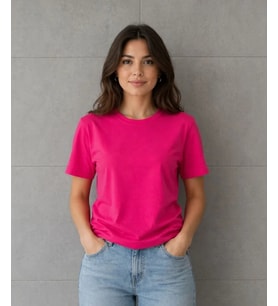 Basic Pamuklu Tişört Bisiklet Yaka Düz Renk Relaxed Fit T-Shirt - Fuşya