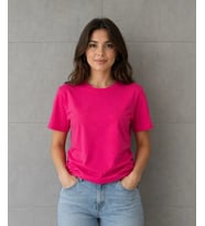 Basic Pamuklu Tişört Bisiklet Yaka Düz Renk Relaxed Fit T-Shirt - Fuşya