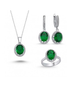  Zümrüt Yeşil Oval Kesim 925 Ayar Gümüş Hediyelik Kadın Set 