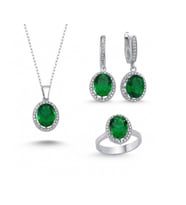  Zümrüt Yeşil Oval Kesim 925 Ayar Gümüş Hediyelik Kadın Set 