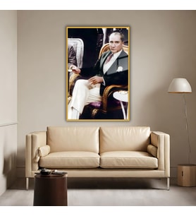 Metal Çerçeveli Temperli Cam Tablo Atatürk Kahve İçerken (Gold)