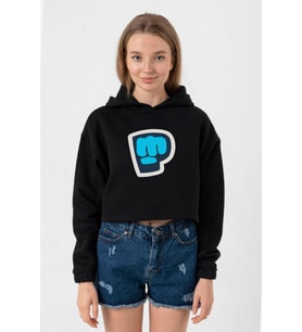 PiewDiePie Active Siyah Kadın Crop Kapşonlu