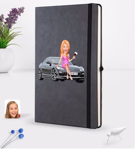BK Gift Kişiye Özel Plakalı Kadın Mazda RX-8 Karikatürlü Siyah Termo Deri Defter 16x24cm Model 1