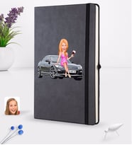 BK Gift Kişiye Özel Plakalı Kadın Mazda RX-8 Karikatürlü Siyah Termo Deri Defter 16x24cm Model 1