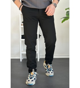 Erkek Beli Düğmeli Dar Paça Jogger Pantolon Siyah Edw224