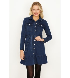 Kadın Önden Düğmeli Kuşaklı Etekleri Fırfırlı Denim Elbise