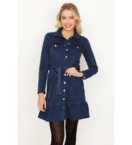 Kadın Önden Düğmeli Kuşaklı Etekleri Fırfırlı Denim Elbise (Mavi)