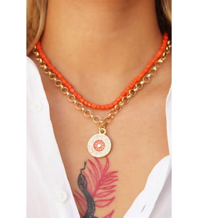 Burç Madalyon Uçlu Turuncu İkili Kolye