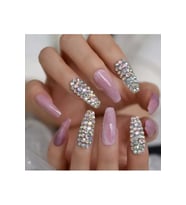 EDA LUXURY BEAUTY Pembe Crystal Takma Tırnak Lüks Kristal Taşlı Mermer Desenli Extra Uzun Kare Ballerina Nail Art Set E050