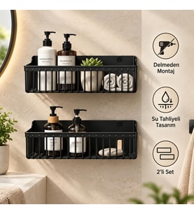 2’li Yapışkanlı Banyo ve Mutfak Rafı, Siyah Plastik 25 x 10 x 10 cm, Su Tahliyeli Duş Organizeri, Askılı Duvar Düzenleyici