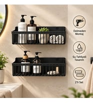 2’li Yapışkanlı Banyo ve Mutfak Rafı, Siyah Plastik 25 x 10 x 10 cm, Su Tahliyeli Duş Organizeri, Askılı Duvar Düzenleyici