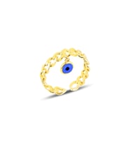 Gümüş altın yaldızlı, nazarlı alttan ayarlamalı zincir yüzük SGTL11450GOLD (Rose)