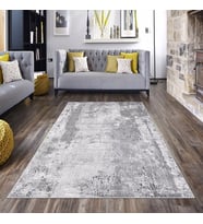 Gri Vintage Desenli Yıkanabilir Kaymaz Taban Leke Tutmaz Modern Salon Halısı ve Yolluk (Açık Gri)