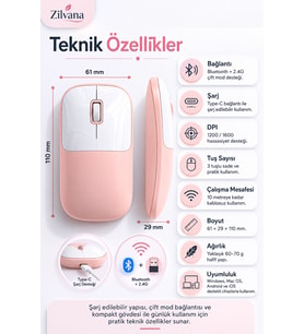 Şarjlı Kablosuz Pembe Mouse Bluetooth + 2.4G Çift Modlu Type-C Şarjlı Sessiz Tuşlu Ergonomik Optik 1200/1600 DPI Taşınabilir Mouse