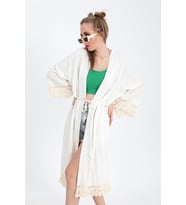 Kimono Palmiye Baskılı Püsküllü - Ekru
