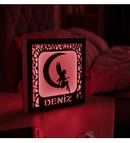 Kişiye Özel İsimli Peri ve Ay Yıldız Temalı Ahşap Gece Lambası (Antrasit - Kırmızı)