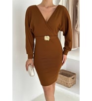 Neşeli butik kadın kruvaze yaka uzun kollu kemer detaylı mini elbise NBK4389 (Taba)