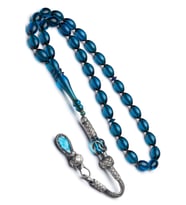 Ateş Kehribar Tesbih Gümüş Kazaz Püskül (Mavi)