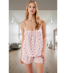 Kadın Çiçekli Viskon İnce Askılı Pijama Takımı Yazlık Rahat Homewear Premium Kalite (Pudra)